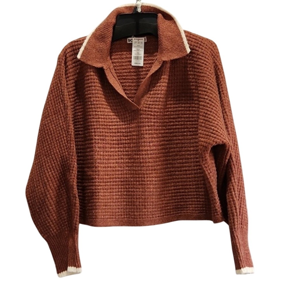 SO Women's Waffle Knit Brown Collard V-Neck‎ Boxy Cropped Boho Fall Sz XL Soft